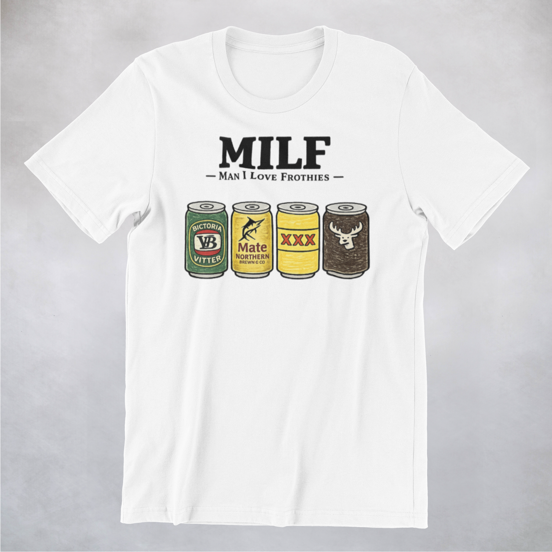White t-shirt with graphic design of beer cans and text on a gray background